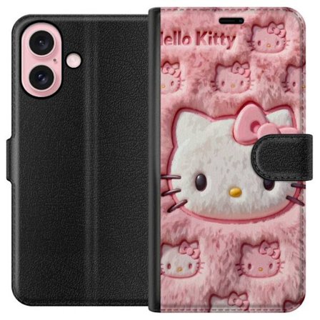 Kompatibelt Lommeboketui til Apple iPhone 16 Hello Kitty rosa fluffy bakgrunn med ikoniskt ansikt og kawaii-estetikk