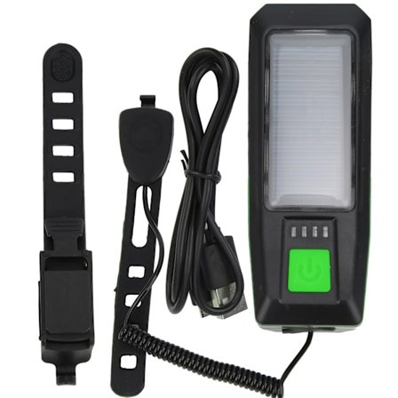Aurinkokäyttöinen USB-latauspolkupyörän valaisin Etuvalo Taskulamppu Pyöräilytarvikkeet Varoitustorvella Musta ja vihreä