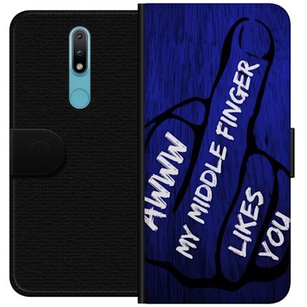 Kompatibel Tegnebogsetui til Nokia 2.4 Mørk typografisk illustration med hjerteform og budskab om venskab mod dybblå trætekstur