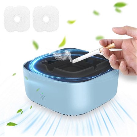 Røgfri Askebæger, Luftrenser Askebæger med 2 Udskiftningsfilterpuder, 360 Graders Omsluttende Negativ Ion Sugefunktion, Auto Sluk-Timer Funktion, til 