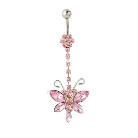 Navelpiercing Trollslända Med Blomma Rosa I Kirurgiskt Stål Rosa