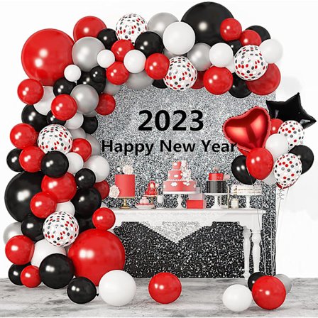 115-dels Röd och Svart Ballonggirlangbåge-kit, Svarta Röda Vita Silverkonfettiballonger för Nyår Examen Las Vegas Grillfest Casino Poker Baby Shower