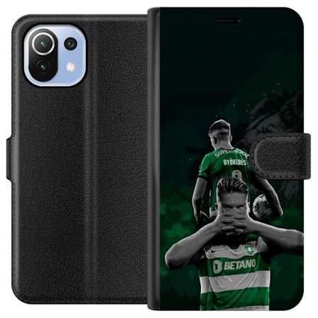 Yhteensopiva Lompakkokotelo Xiaomi Mi 11 Lite Neonmotiivi, jossa teksti "Gaming is in my DNA" sinisenä ja punaisena tiiliseinällä, jossa loistava DNA-