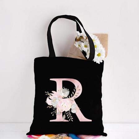 Canvas Tote Bag med Blomsterbogstaver Mønster Shopping Rejse Kvinder Øko Genanvendelig Skulder Shopper Tasker Matches the image