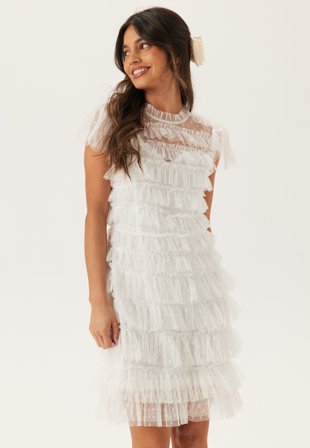 Bubbleroom Occasion - High Neck Tulle Frill Dress - White - Kläder