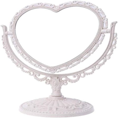 Enkel och vacker hjärtformad kosmetikspegel i plast, dubbelsidig roterbar sminkbordsspegel, lätt spegel, badrumsspegel, sovrumsspegel (vit)