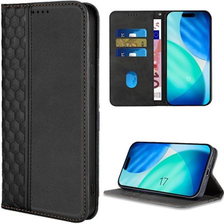 Coque til iPhone 17, Beskyttelse Stil Tegnebog Læder PU Mosaik Mønster Sort + 2 Tempereret Glas