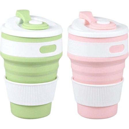 2pack hopfällbara kaffekoppar för resor, 12 oz återanvändbara hopfällbara silikonkoppar med lock för camping - blågrön