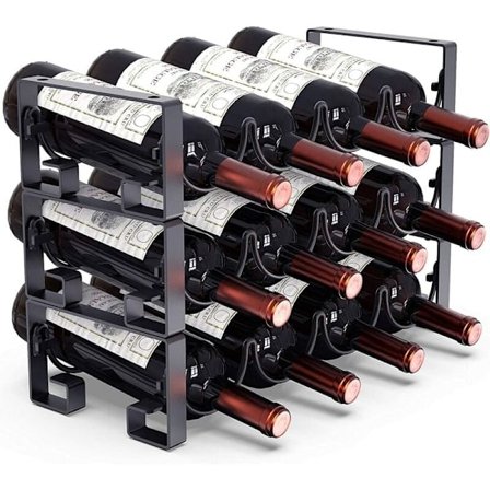 3-vånings stapelbart vinställ fristående golvstående vinställ för köksskåp, vinkällarställ, 12 flaskor, metall