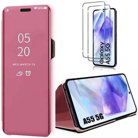 Etui til Samsung Galaxy A55 5G + 2 hærdede briller, Flip Cover Clear View Mirror Effect, Shockproof Hard PC Pink Rosa