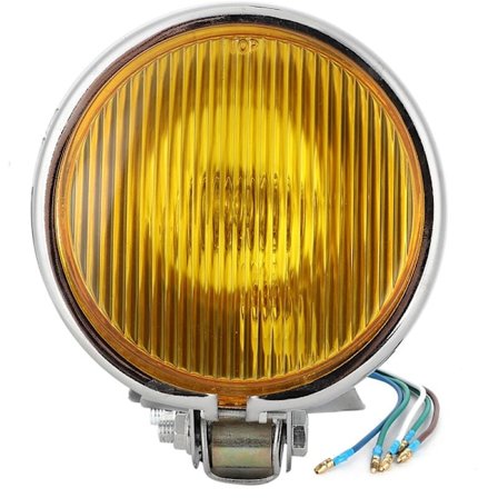 Vintage retro-stil strålkastare, universell motorcykelstrålkastare, motorcykelmodifieringstillbehör, silver skal, gult objektiv