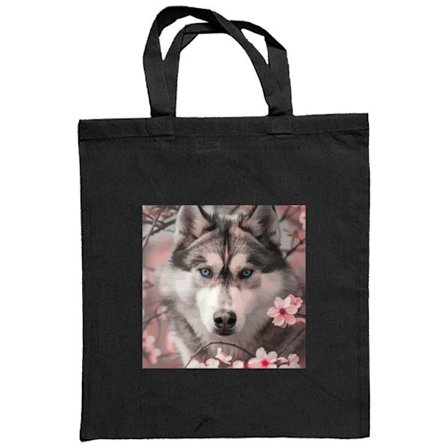 Kangaskassi Husky sininen silmät ympäröivät vaaleanpunaisia kirsikankukkia - elegokka, kaunis ja luontoa inspiroiva motiivi.