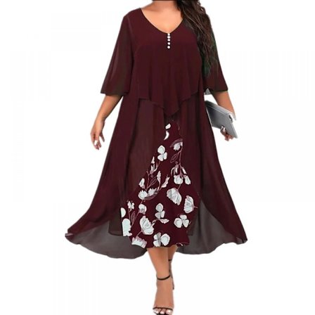 Plus Size Dame Tøj Ny Dame Chiffon Syning Falsk To-delt Uregelmæssig Mid-ærme Kjole (Claret 2XL)
