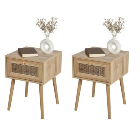 Sæt med 2 Natborde 1 Skuffe i Træ - 39 x 39 x H 55 cm - Naturligt Design