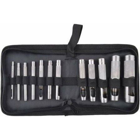 12-pakning hule sylsett med kraftige hullkniver i skinn med glidelåslomme for belter, gummi, kort, pakninger 3mm - 19mm