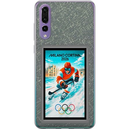 Kompatibel Mobilcover til Huawei P20 Pro Curling illustration med spillere og sten på isen, Milano Cortina 2026, snedækkede stænk og olympiske ring