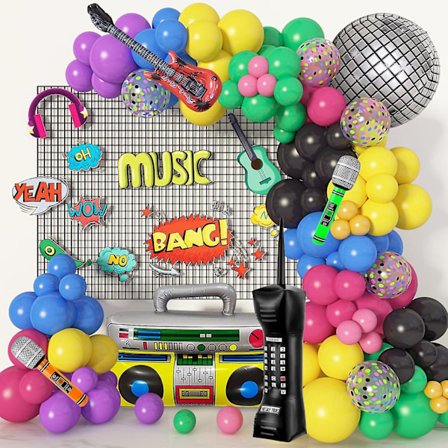 80'er og 90'er temafest dekorationer - ballonbue sæt, oppustelig boombox