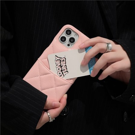 Deksel til iPhone 16 lychee mønster diamant rosa kortspor ins lær lanyard hardt