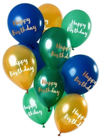 Ballonger Happy Birthday grön/guld 33 cm 12-pakning
