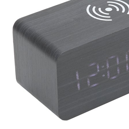 Wooden Digital Clock Black LED Phone Wireless Charging Temperature Display SLS