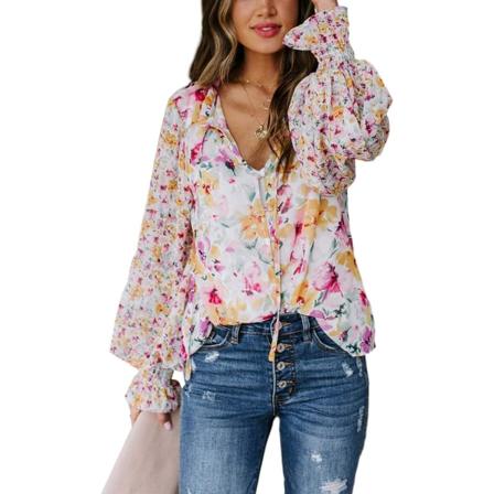 Kvinnors Casual Boho print V-hals långärmad dragsko Toppar
