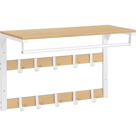 Seinään kiinnitettävä vaaterekki, seinähylly 10 irrotettavalla koukulla, vaatetanko, tammenvärinen ja valkoinen