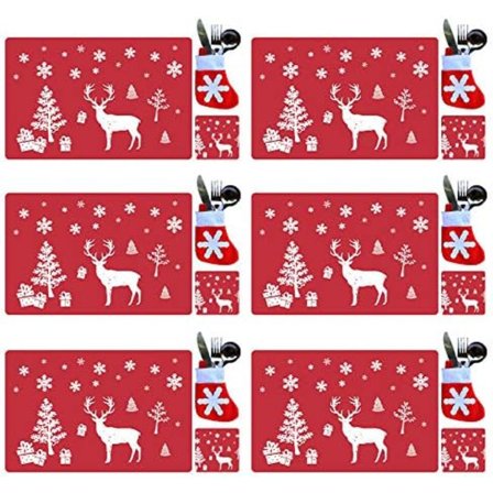 18PCS (Rød) Jule-PVC Plassmatter, Underlag og Bestikksett, Vaskbar