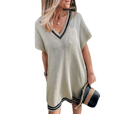 Sexig Klänning Sommar Kort Dam V-ringad Randig Patchwork Lös Ca