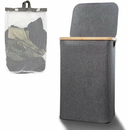 Rabatterad tvättkorg med lock 100L Stor tvättkorg med handtag Sovrum Bambu Badrum Papperskorg (Grå)