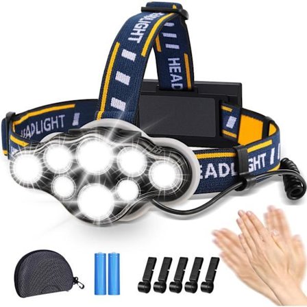 Uppladdningsbar LED-pannlampa, Ultra Kraftfull 8 LED-pannlampa med 18000 Lumen, Perfekt för Camping, Fiske, Grottforskning, Jogging