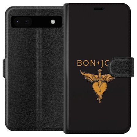 Kompatibelt Plånboksfodral till Google Pixel 6a Ikonisk musikillustration med bevingat hjärta och dolk i guldtoner på mörk bakgrund, kraftfull och