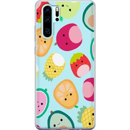 Kompatibelt Mobildeksel til Huawei P30 Pro Mønster av kawaii-frukter som jordbær sitron ananas og avocado på lyseblå bakgrunn