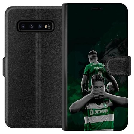 Yhteensopiva Lompakkokotelo Samsung Galaxy S10 Neonmotiivi, jossa teksti "Gaming is in my DNA" sinisenä ja punaisena tiiliseinällä, jossa loistava DNA