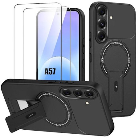 Cover + 2 Tempered Glasses til Samsung Galaxy A57 5G, Silikone med Magnetisk Støtte - Sort