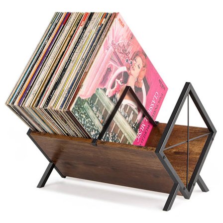 Vinyl Opbevaringshylde, 80 Vinyl Stande, 1-Tier Vinylplade med Justerbar Opdeler, Organizer til Album, Magasiner, Bøger og Mapper – Brun