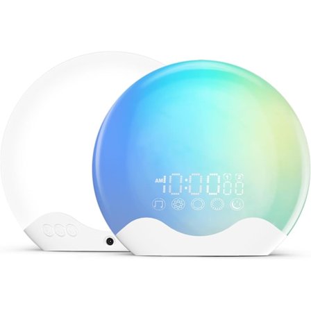 Lysterapilampe, solopgangs vækkeur med 10.000 Lux terapilys, vækkeur med 20 lysstyrker og 4 farvetemperaturer, dobbelte alarmer og snooze