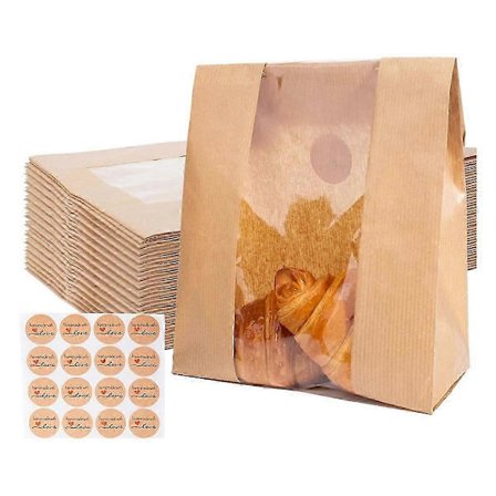 100-pack papperspåsar för brödförvaring med genomskinligt fönster, brödpåsar med förslutningsetiketter för kakor, godis och godsaker