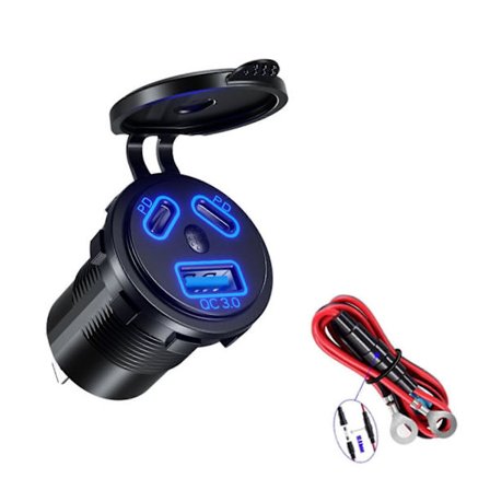 Dobbel PD45W Hurtiglading Billaderkontakt med LED-lys Vanntett USB QC3.0 Laderadapter for 12V/24V Bil Båt