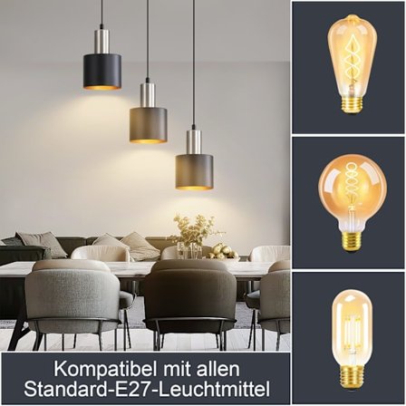 NETTLIFE Hänglampa för Matbord E27 Vintage - 3 Glödlampor Kök Hänglampa Matrumslampa Svart Guld