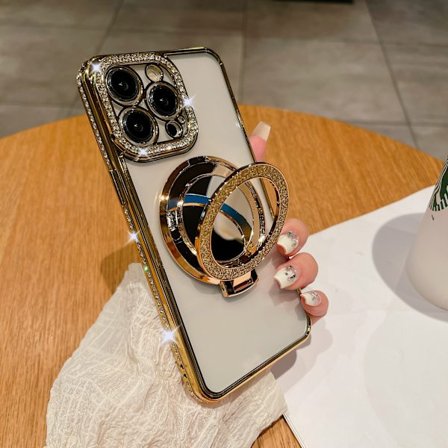 RYI_Transparent Magnetisk Glitter Flip Makeup Spejl Holder Telefon Cover Kompatibel med iPhone 16 15 14plus Promax