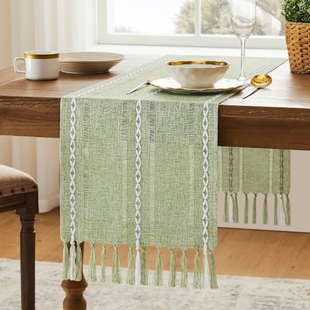 Rustikk bordløper 157 cm bomulls lin brodert stripet salviegrønn hjem dekor spiseborddeksel