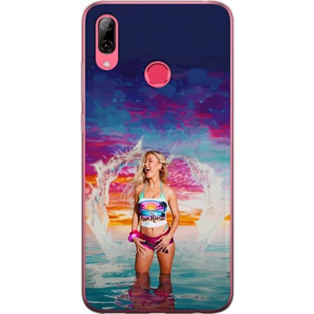 Kompatibel Mobilcover til Huawei Y7 (2019) Blond kvinde i farverigt strandtøj, der leger i havet ved solnedgang