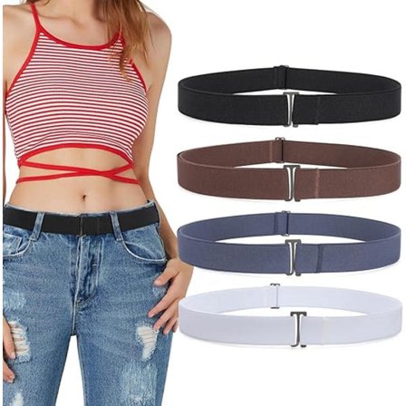 4-pakning usynlig elastisk belte for kvinner og menn, justerbart belte uten synlig spenne, flatt metallspennebelte for jeans, bukser og kjoler