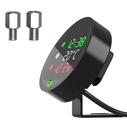 12V Motorcykel Modificeret Vandtemperaturmåler Tid og Spændingsmåler, Vandafvisende, Digital Skærm, USB, Mobiltelefonopladning (Fem i En Temperatur)