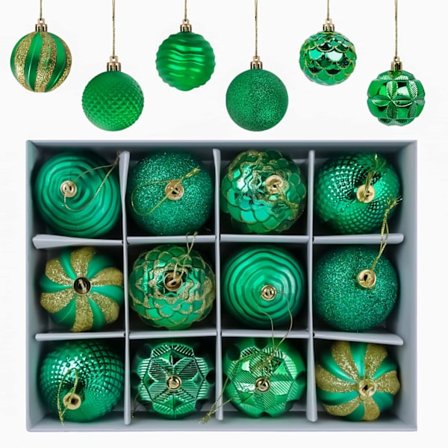 12 stykker julekulepynt, matte og blanke julekulepynt, glitrende julepynt