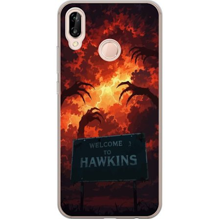 Kompatibelt Mobildeksel til Huawei P20 lite Mørk apokalyptisk fantasi-scene med brennende himmel og Hawkins-skilt i Stranger Things-stil