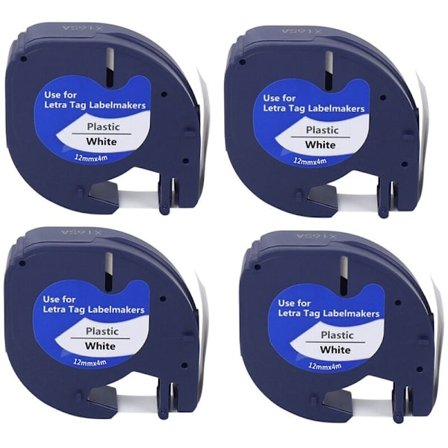 4 kpl etikettinauhoja yhteensopivia Letratag-mustekasetteja mustalla valkoisella muovitarroilla LetraTag-tarratulostimelle