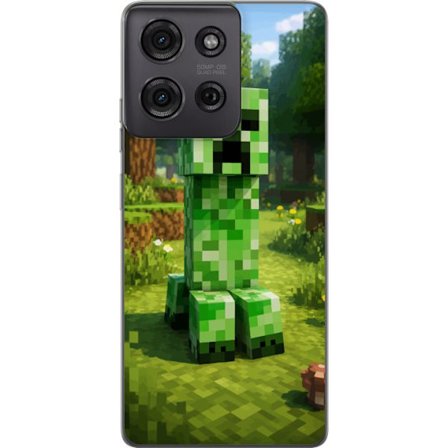 Kompatibelt Mobilskal till Motorola Motorola Moto G75 Block-baserad Creeper-figur i en grön pixell värld, ikonisk spelillustration för barnrum, gam
