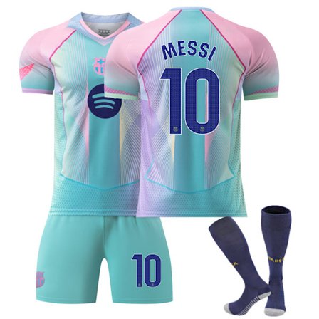 25-26 FC Barcelona Aqua Blue Special Edition NO.10 MESSI Paidat Setti Lapset Aikuiset Jalkapallovarusteet Sukkien Kanssa