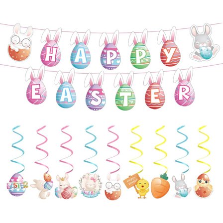 Glad påsk Banner Hängande papper Swirl 9st Påskhare Ägg Bunting Garland påsk